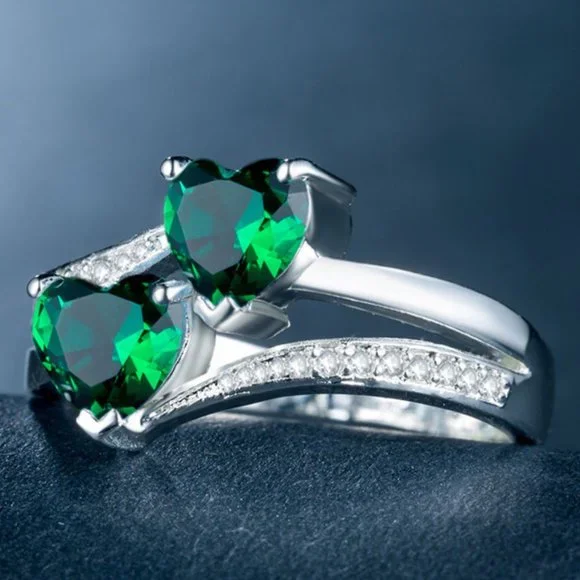 💥925 Silver Plated Green Heart Cut Emerald Exquisite Ring, GPMB1527 - Picture 2 of 5